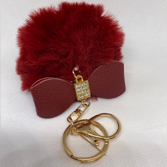 Fashion Wine Red Keychain Leather Bow, Plush, Metal. - Picture 1 of 3